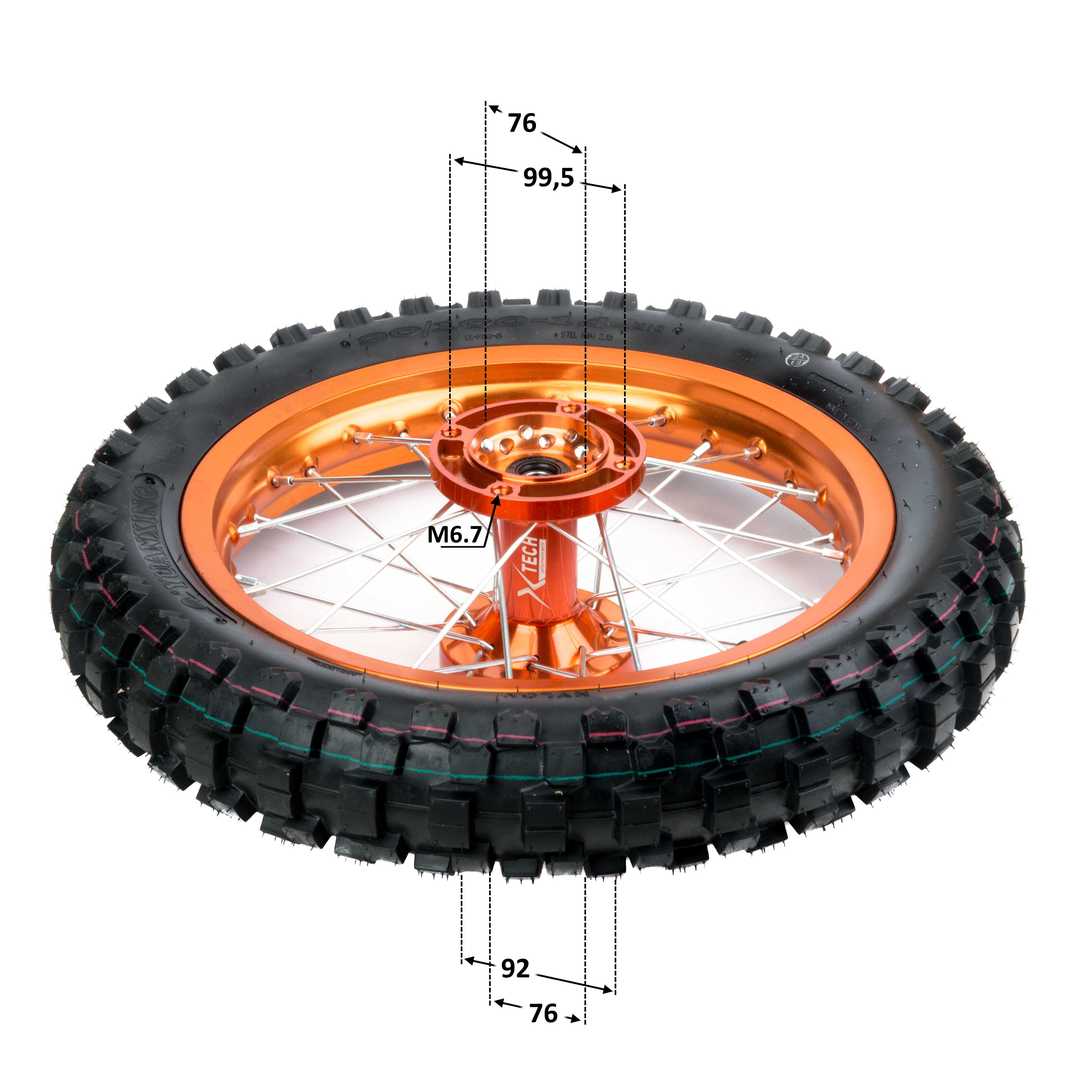 Обод задний 14" (1,85-R14 d=15mm) 90/100-14" CNC ступица, с резиной алюминий/оранжевый