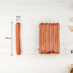 Сосиски для хот-дога говяжьи вареные 75г (175 мм/ d 24мм), 9кг (750г х 12 уп) зам. Сосиски для хот-дога говяжьи вареные 75г (175 мм/ d 24мм), 9кг (750г х 12 уп) зам.