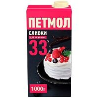 Сливки ультрапастеризованные 33% Петмол 1000г